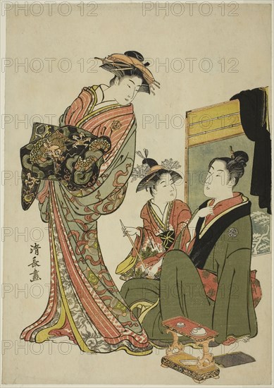 The Actor Nakamura Riko with a courtesan, from an untitled series of aiban prints depicting Actors in private life, c. 1781/82, Torii Kiyonaga, Japanese, 1752-1815, Japan, Color woodblock print, aiban, 32.8 x 23.3 cm