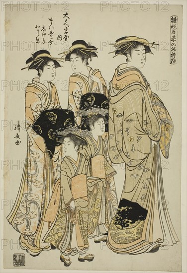 The Courtesan Maizumi of the Daimonjiya with Her Attendants Shigeki and Naname, from the series Models for Fashion: New Designs as Fresh as Young Leaves (Hinagata wakana no hatsu moyo), 1782, Torii Kiyonaga, Japanese, 1752-1815, Japan, Color woodblock print, oban, 39.2 x 26.2 cm