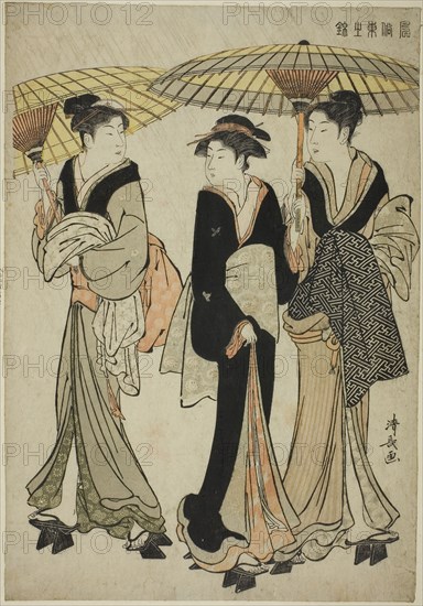 Under Umbrellas in a Shower, from the series A Brocade of Eastern Manners (Fuzoku Azuma no nishiki), c. 1783/84, Torii Kiyonaga, Japanese, 1752-1815, Japan, Color woodblock print, oban, 38.0 x 26.1 cm