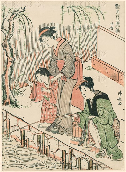 Fishing, from the series A Set of Ten Beauties in Flowerlike Styles (Enshoku hana fuzoku ju awase), c. 1782, Torii Kiyonaga, Japanese, 1752-1815, Japan, Color woodblock print, chuban, 26.2 x 18.9 cm