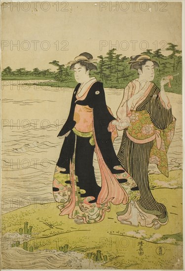 Two Women Waiting for a Ferry on the Sumida River, c. 1787, Torii Kiyonaga, Japanese, 1752-1815, Japan, Color woodblock print, right sheet of oban triptych, 37.5 x 25.3 cm