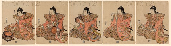 Five Musicians (Gonin bayashi), c. 1783, Torii Kiyonaga, Japanese, 1752-1815, Japan, Color woodblock print, chuban pentaptych, (1) 25.6 x 19.4 cm, (2) 25.7 x 19.4 cm, (3) 25.6 x 19.2 cm, (4) 25.5 x 19.0 cm, (5) 25.6 x 19.4 cm