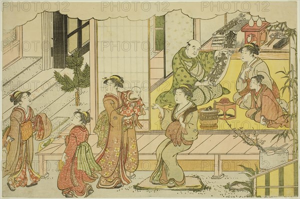 Opening the Storehouse (Kurabiraki), from the illustrated book Colors of the Triple Dawn (Saishiki mitsu no asa), c. 1787, Torii Kiyonaga, Japanese, 1752-1815, Japan, Color woodblock print, oban, page from an illustrated book, 25.2 x 38.0 cm