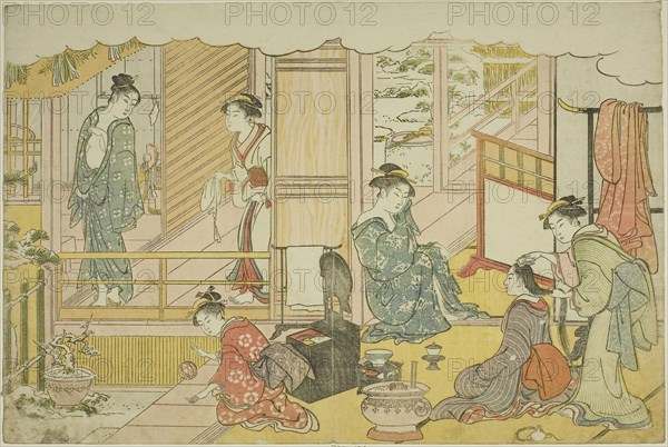 The First Bath of the New Year (Yudono hajime), from the illustrated book Colors of the Triple Dawn (Saishiki mitsu no asa), c. 1787, Torii Kiyonaga, Japanese, 1752-1815, Japan, Color woodblock print, oban, page from an illustrated book, 25.2 x 37.9 cm
