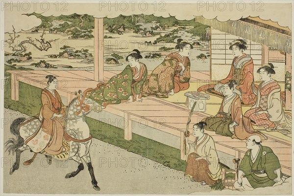 The First Horseback Ride of the New Year (Uma norizome), from the illustrated book Colors of the Triple Dawn (Saishiki mitsu no asa), c. 1787, Torii Kiyonaga, Japanese, 1752-1815, Japan, Color woodblock print, oban, page from an illustrated book, 25.3 x 38.1 cm