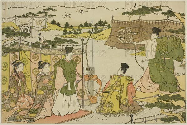 The First Archery Practice of the New Year (Yumi hajime), from the illustrated book Colors of the Triple Dawn (Saishiki mitsu no asa), c. 1787, Torii Kiyonaga, Japanese, 1752-1815, Japan, Color woodblock print, oban, page from an illustrated book, 25.2 x 38.0 cm