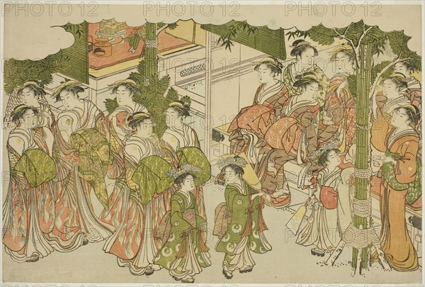The First Garments of the New Year (Kiso hajime), from the illustrated book Colors of the Triple Dawn (Saishiki mitsu no asa), c. 1787, Torii Kiyonaga, Japanese, 1752-1815, Japan, Color woodblock print, oban, page from an illustrated book, 25.2 x 38.0 cm