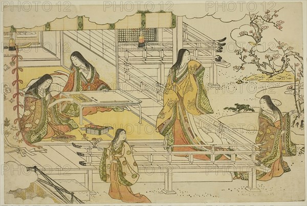 The First Calligraphy of the New Year (Kissho hajime), from the illustrated book Colors of the Triple Dawn (Saishiki mitsu no asa), c. 1787, Torii Kiyonaga, Japanese, 1752-1815, Japan, Color woodblock print, oban, page from an illustrated book, 25.2 x 38.0 cm