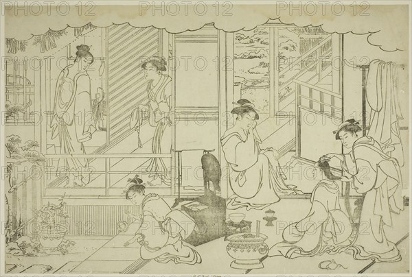 The First Bath of the New Year (Yudono hajime), from the illustrated book Colors of the Triple Dawn (Saishiki mitsu no asa), c. 1787, Torii Kiyonaga, Japanese, 1752-1815, Japan, Woodblock print, oban, keyblock proof impression, 25.4 x 38.2 cm (10 x 15 1/16 in.)