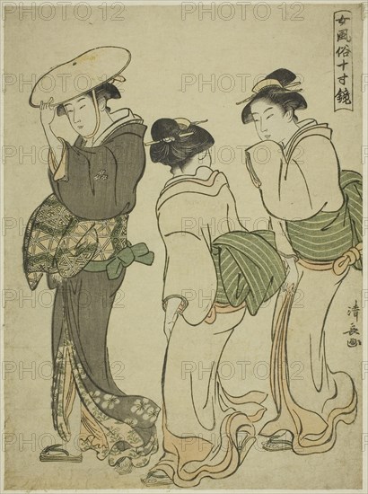 A Woman and Two Maids, from the series A Mirror of Feminine Manners (Onna fuzoku masu kagami), c. 1790, Torii Kiyonaga, Japanese, 1752-1815, Japan, Color woodblock print, chuban, 24.4 x 18.1 cm
