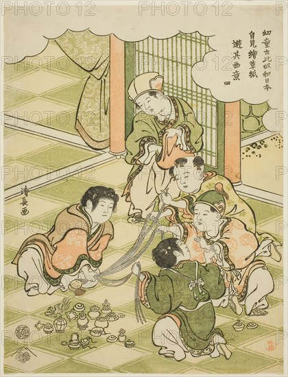 No. 4: Chinese boys playing a raffle game, from the series Children Say ‘This is Japan!’ and Imitate the Games They See in Picturebooks (Yodo iu koitsu wa Nippon, ezoshi o mite yori sono gai ni asobu), c. 1791, Torii Kiyonaga, Japanese, 1752-1815, Japan, Color woodblock print, chuban, 25.5 x 19.4 cm