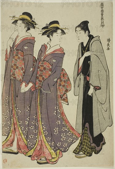 Out for a Walk, from the series A Collection of Contemporary Beauties of the Pleasure Quarters (Tosei yuri bijin awase), c. 1783, Torii Kiyonaga, Japanese, 1752-1815, Japan, Color woodblock print, oban, 36.1 x 24.5 cm