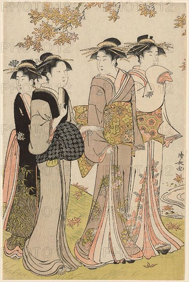 Beauties Under a Maple Tree, from the series A Collection of Contemporary Beauties of the Pleasure Quarters (Tosei yuri bijin awase), c. 1784, Torii Kiyonaga, Japanese, 1752-1815, Japan, Color woodblock print, left sheet of oban diptych (right sheet: 1934.257), 37.1 x 24.4 cm
