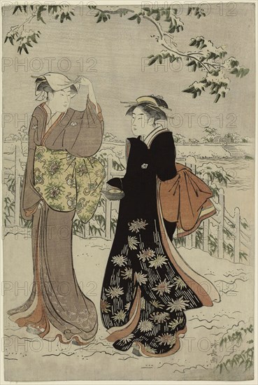 Matsuchi Hill after Snowfall, c. 1785, Torii Kiyonaga, Japanese, 1752-1815, Japan, Color woodblock print, right sheet of oban diptych (left sheet: 1925.2655), 38.6 x 26.2 cm