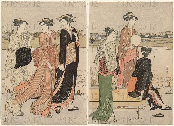 Summer Twilight on the Banks of the Sumida River, c. 1784, Torii Kiyonaga, Japanese, 1752-1815, Japan, Color woodblock print, oban diptych, 37.9 x 51.5 cm (overall), 37.7 x 25.6 cm (right sheet), 37.9 x 25.9 cm (left sheet)