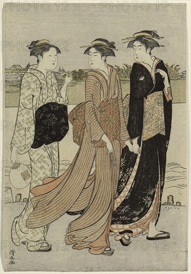 Summer Twilight on the Banks of the Sumida River, c. 1784, Torii Kiyonaga, Japanese, 1752-1815, Japan, Color woodblock print, left sheet of oban diptych (right sheet: 1925.2657), 37.9 x 25.9 cm