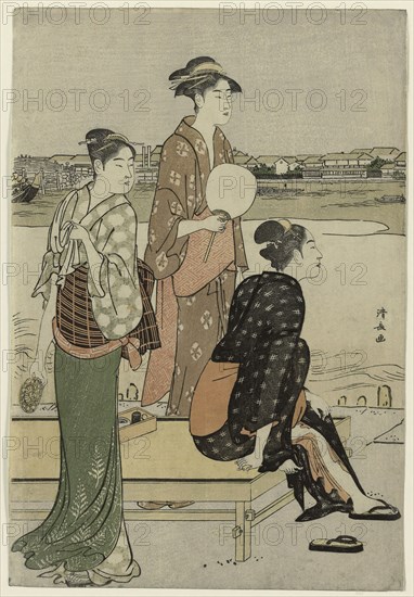 Summer Twilight on the Banks of the Sumida River, c. 1784, Torii Kiyonaga, Japanese, 1752-1815, Japan, Color woodblock print, right sheet of oban diptych (left sheet: 1925.2656), 37.7 x 25.6 cm