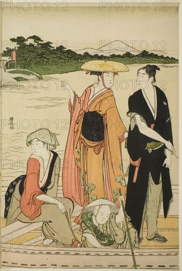 Ferry on the Rokugo River, c. 1784, Torii Kiyonaga, Japanese, 1752-1815, Japan, Color woodblock print, right sheet of oban diptych, 38.3 x 25.9 cm