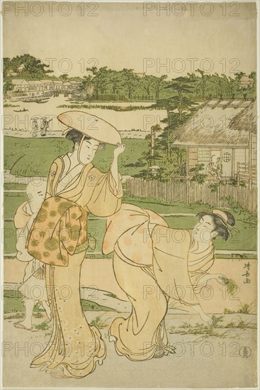 Spring Outing to Mukojima, c. 1787, Torii Kiyonaga, Japanese, 1752-1815, Japan, Color woodblock print, right sheet of oban triptych, 39.0 x 25.8 cm