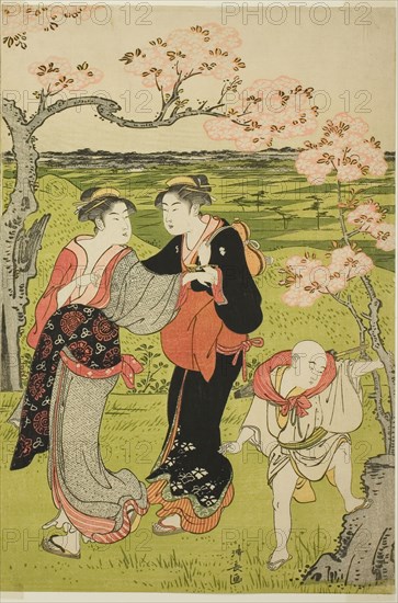 Cherry Blossom Viewing at Asuka Hill, c. 1787, Torii Kiyonaga, Japanese, 1752-1815, Japan, Color woodblock print, right sheet of oban triptych, 37.7 x 25.2 cm