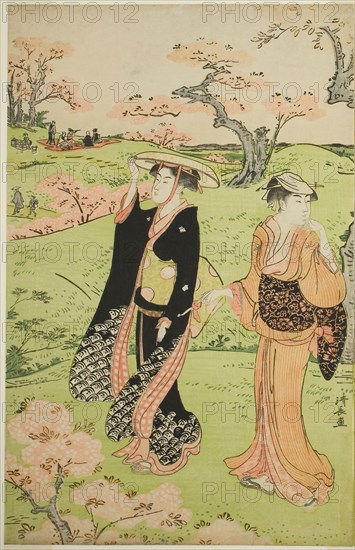 Cherry Blossom Viewing at Asuka Hill, c. 1787, Torii Kiyonaga, Japanese, 1752-1815, Japan, Color woodblock print, center sheet of oban triptych, 38.1 x 24.5 cm