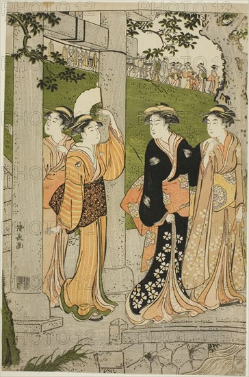 Women Visiting Mimeguri Shrine, c. 1788, Torii Kiyonaga, Japanese, 1752-1815, Japan, Color woodblock print, right sheet of oban triptych, 38.8 x 25.6 cm