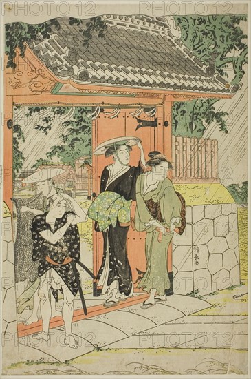 Sudden Shower at Mimeguri Shrine, c. 1787, Torii Kiyonaga, Japanese, 1752-1815, Japan, Color woodblock print, left sheet of oban triptych, 37.9 x 25.1 cm