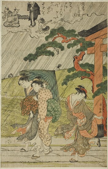 Sudden Shower at Mimeguri Shrine, c. 1787, Torii Kiyonaga, Japanese, 1752-1815, Japan, Color woodblock print, right sheet of oban triptych, 35.0 x 22.5 cm