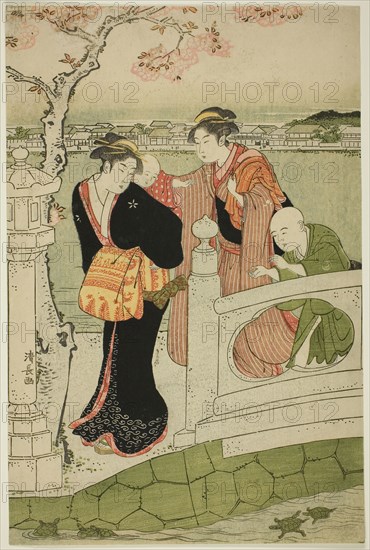 Women and Children on the Causeway at Shinobazu Pond, c. 1788, Torii Kiyonaga, Japanese, 1752-1815, Japan, Color woodblock print, right sheet of oban triptych, 38.0 x 24.9 cm