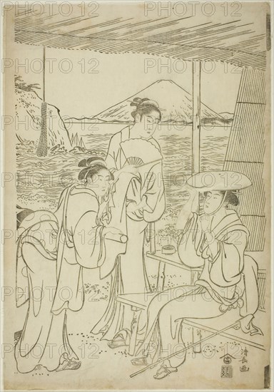 Visitors to Enoshima, c. 1789, Torii Kiyonaga, Japanese, 1752-1815, Japan, Woodblock print, center sheet of oban triptych, keyblock proof impression, 38.9 x 26.7 cm (15 5/16 x 10 1/2 in.)