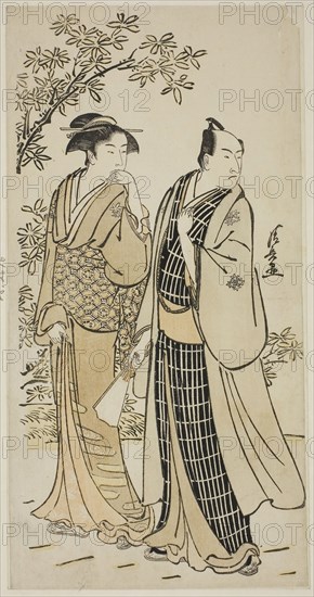 The Actor Ichikawa Monnosuke II and his wife, from an untitled series of prints showing Actors in private life, c. 1783, Torii Kiyonaga, Japanese, 1752-1815, Japan, Color woodblock print, hosoban, 30.4 x 15.7 cm