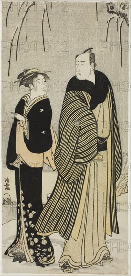 The Actor Matsumoto Koshiro IV and a geisha, from an untitled series of prints showing Actors in private life, c. 1783, Torii Kiyonaga, Japanese, 1752-1815, Japan, Color woodblock print, hosoban, 30.5 x 14.2 cm