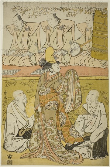 The Actor Nakamura Nakazo I as the Shirabyoshi Katsuragi, Matsumoto Koshiro IV as the monk Meigetsubo, and Otani Hiroji III as the monk Izayoibo, in the play Edoganoko Musume Dojoji, performed at the Ichimura Theater in the eighth month, 1783, 1783, Torii Kiyonaga, Japanese, 1752-1815, Japan, Color woodblock print, oban, 39.2 x 26.1 cm