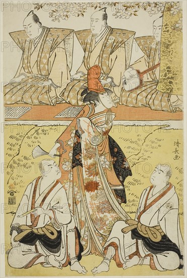 The Actors Segawa Kikunojo III as Koito, Sawamura Sojuro III as the monk Sainenbo, and Ichikawa Monnosuke II as the monk Renseibo, in the shosa Mata Saku Hana Museume Dojoji, performed at the Nakamura Theater in the fourth month, 1783, 1783, Torii Kiyonaga, Japanese, 1752-1815, Japan, Color woodblock print, oban, 38.2 x 25.2 cm