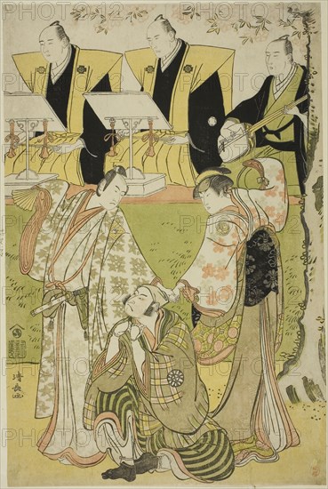 The Actors Ichikawa Monnosuke II as Munesada, Segawa Kikunojo III as the courtesan Sumizome, and Nakamura Nakazo I as Sekibei, in the play Tsumoru Koi Yuki no Seki no To, performed at the Kiri Theater in the eleventh month, 1784, 1784, Torii Kiyonaga, Japanese, 1752-1815, Japan, Color woodblock print, oban, 38.4 x 25.4 cm