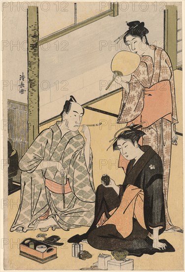 The Actor Matsumoto Koshiro IV with his family, from an untitled series of four prints showing Actors in private life, c. 1783/84, Torii Kiyonaga, Japanese, 1752-1815, Japan, Color woodblock print, oban, 38.1 x 25.7 cm