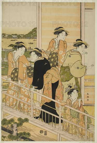 Women on a Balcony of a Yoshiwara Teahouse, c. 1780s, Katsukawa Shuncho, Japanese, active c. 1780-1801, Japan, Color woodblock print, left sheet of oban triptych, 36.6 x 24.7 cm (14 3/8 x 9 11/16 in.)