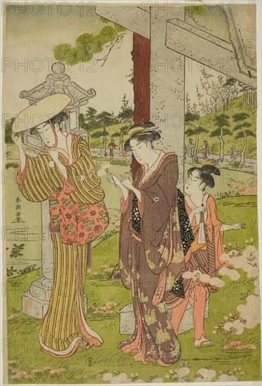 Picking Flowers at Kumano Junisha Shrine in Tsunohazu, late 1780s, Katsukawa Shuncho, Japanese, active c. 1780-1801, Japan, Color woodblock print, right sheet of oban triptych, 37.5 x 25.5 cm (14 3.4 x 10 in.)