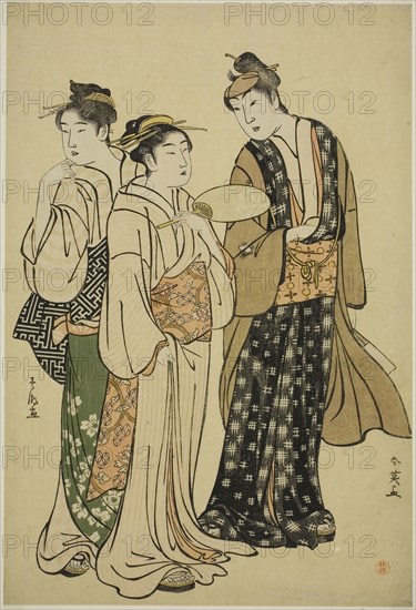 The Actor Iwai Hanshiro IV in Street Attire (by Shun’ei) Conversing with Two Women (by Shuncho), c. 1788, Katsukawa Shun’ei, Japanese, 1762-1819, Katsukawa Shuncho, Japanese, active c. 1780-1801, Japan, Color woodblock print, aiban, 32.3 x 21.7 cm (12 11/16 x 8 9/16 in.)