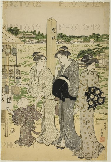 Benten Shrine in Shinobazu Pond, late 1780s, Katsukawa Shuncho, Japanese, active c. 1780-1801, Japan, Color woodblock print, center sheet? of oban triptych (right: 1925.2724), 37.4 x 25.2 cm (14 11/16 x 9 15/16 in.)