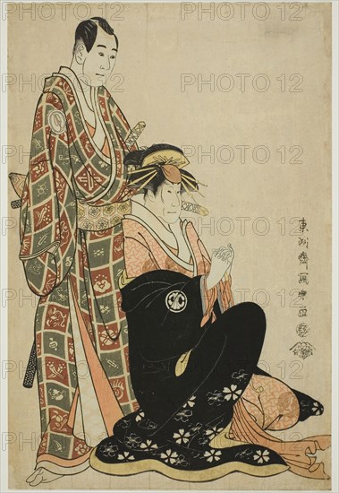 The actors Segawa Kikunojo III (R) as the courtesan Katsuragi and Sawamura Sojuro III (L) as Nagoya Sanza Motoharu, 1794, Toshusai Sharaku ??? ??, Japanese, active 1794-95, Japan, Color woodblock print, oban, 38.7 x 25.5 cm