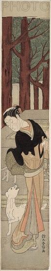 Beauty and a White Dog at a Shrine, c. 1769, Suzuki Harunobu ?? ??, Japanese, 1725 (?)-1770, Japan, Color woodblock print, hashira-e, 67.3 x 12.4 cm (26 3/8 x 4 7/8 in.)