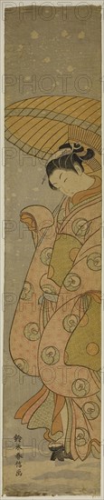 Beauty Under an Umbrella in the Snow, c. 1770, Suzuki Harunobu ?? ??, Japanese, 1725 (?)-1770, Japan, Color woodblock print, hashira-e, 25 3/4 x 5 1/8 in.