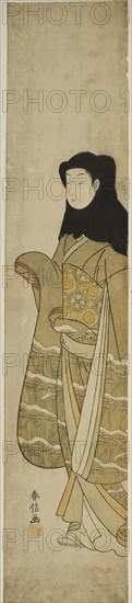 Woman Wearing Black Hood, c. 1766/67, Suzuki Harunobu ?? ??, Japanese, 1725 (?)-1770, Japan, Color woodblock print, hashira-e, 25 1/8 x 5 1/8 in.