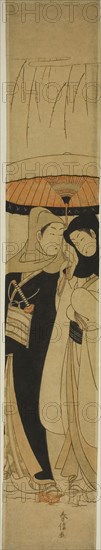 Lovers under an Umbrella in the Snow, c. 1767/68, Suzuki Harunobu ?? ??, Japanese, 1725 (?)-1770, Japan, Color woodblock print, hashira-e, 28 3/4 x 4 7/8 in.