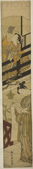 Parody of Act VII of The Storehouse of Loyal Retainers (Chushingura), c. 1768/69, Suzuki Harunobu ?? ??, Japanese, 1725 (?)-1770, Japan, Color woodblock print, hashira-e, 25 3/4 x 4 1/2 in.