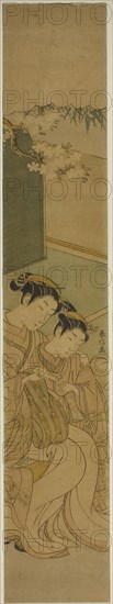 The Love Letter, c. 1769, Suzuki Harunobu ?? ??, Japanese, 1725 (?)-1770, Japan, Color woodblock print, hashira-e, 28 x 4 7/8 in.