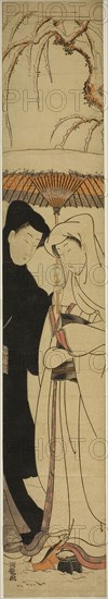 Couple Sharing an Umbrella Under the Snow, c. 1771, Isoda Koryusai, Japanese, 1735-1790, Japan, Color woodblock print, hashira-e, 26 1/4 x 4 1/2 in.