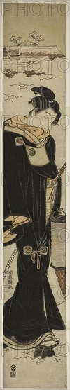Young Man with a Lantern Walking in Snow, c. 1777, Isoda Koryusai, Japanese, 1735-1790, Japan, Color woodblock print, hashira-e, 27 1/8 x 4 1/2 in.