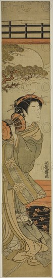 Courtesan Playing a Hand Drum, c. 1775, Isoda Koryusai, Japanese, 1735-1790, Japan, Color woodblock print, hashira-e